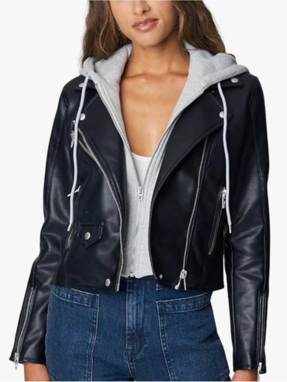 Blank NYC Black Faux-Leather Moto Jacket with Gray Hood
